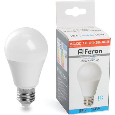 Светодиодная низковольтная лампа FERON (10W) 12-48V E27 6400K A60, LB-19 48732