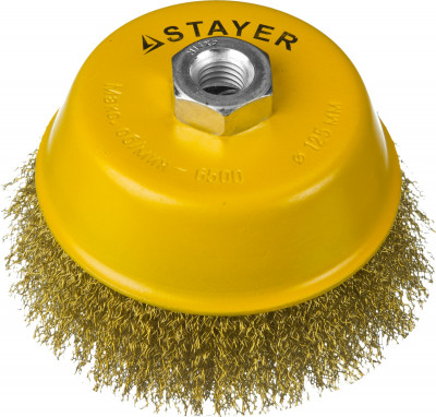 Stayer 125 мм, витая стальная латунированная проволока 0.3 мм, чашечная щетка-крацовка для ушм, professional (35125-125)