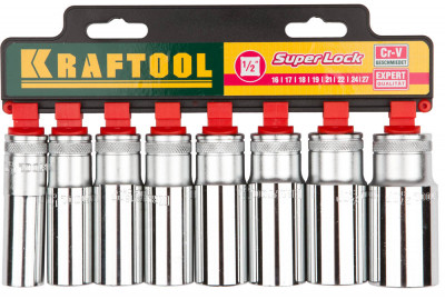 Kraftool super-lock набор удлиненных торцовых головок на рельсе, 8 шт.