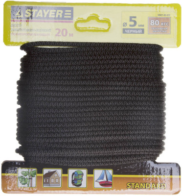 Stayer 5 мм, 20 м, вязаный, черный, полипропиленовый шнур (50421-05-020)