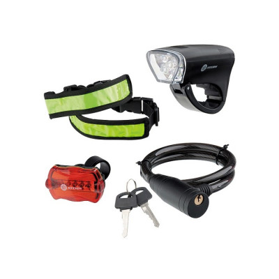 Набор велосипедный : передний и задний фонари LED, светоотражатель и тросовый замок// stern