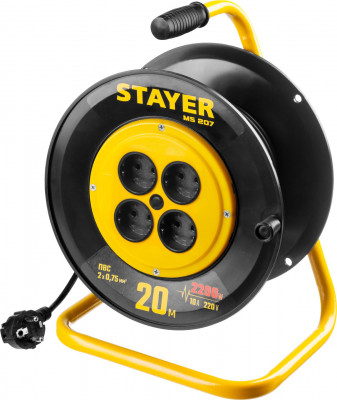 Stayer ms-207 пвс 2х0.75 20м 2200вт, удлинитель на катушке (55073-20)