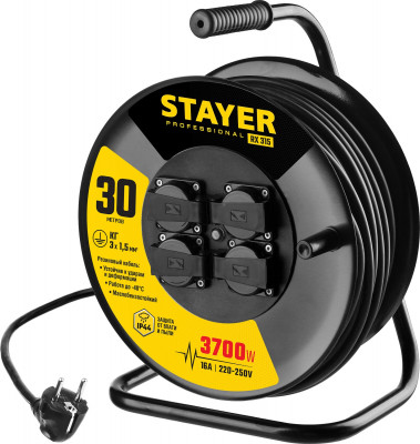 Stayer rx-315 кг 3х1.5 30м 3700вт ip44, силовой удлинитель на стальной катушке (55077-30)