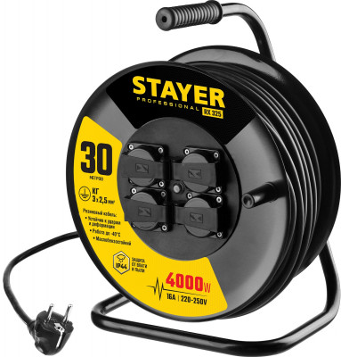 Stayer rx-325 кг 3х2.5 30м 4000вт ip44, силовой удлинитель на стальной катушке (55076-30)