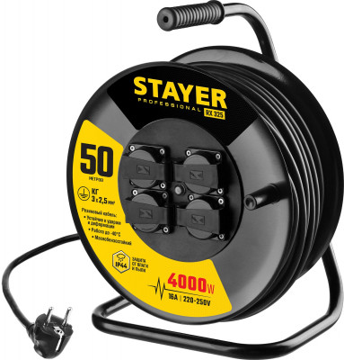 Stayer rx-325 кг 3х2.5 50м 4000вт ip44, силовой удлинитель на стальной катушке (55076-50)