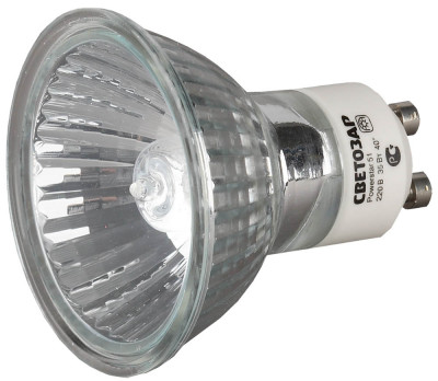 Лампа галогенная светозар с защитным стеклом, алюм. отражатель, цоколь gu10, диаметр 51мм, 35вт, 220в