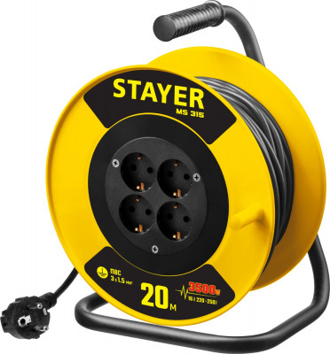 Stayer ms-315 пвс 3х1.5 20м 3500вт, силовой удлинитель на катушке (55078-20)