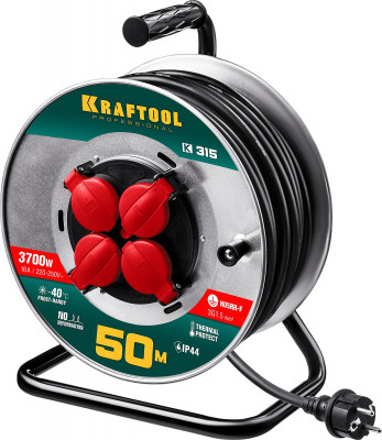 Kraftool k-315, кг, 3 x 1.5 мм2, 50 м, 3700 вт, ip44, силовой удлинитель на стальной катушке (55085-50)