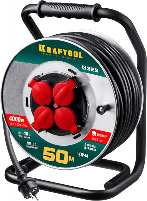 Kraftool k-325, кг, 3 х 2.5 мм2, 50 м, 4000 вт, ip44, силовой удлинитель на стальной катушке (55086-50)