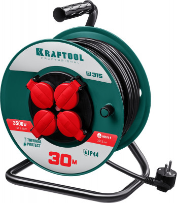 Kraftool p-315, пвс, 3 x 1.5 мм2, 30 м, 3500 вт, ip44, силовой удлинитель на катушке (55084-30)