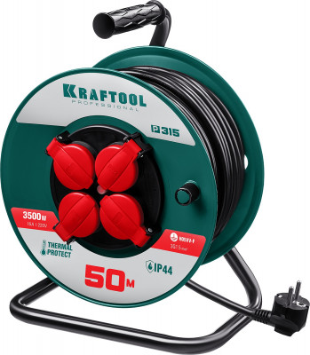 Kraftool p-315, пвс, 3 x 1.5 мм2, 50 м, 3500 вт, ip44, силовой удлинитель на катушке (55084-50)