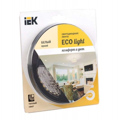 Лента светодиодная eco LED lsr-3528ww120-9.6-ip65-12v 10вт/м (уп.5м) тепл. бел. иэк lsr1-1-120-65-1-05