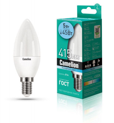Лампа светодиодная LED5-C35/845/E14 5Вт свеча матовая 4500К бел. E14 415лм 170-265В Camelion 12032