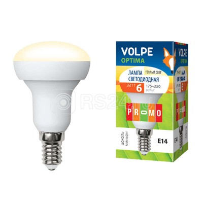 Лампа светодиодная LED-r50-6w/ww 6вт 3000к тепл. бел. e14 450лм 175-250в volpe 10220