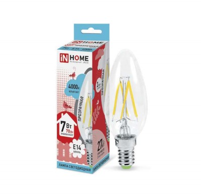 Лампа светодиодная LED-свеча-deco 7вт 230в e14 4000к 630лм прозрачная in home 4690612007618