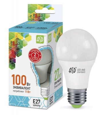 Лампа светодиодная LED-A60-standard 11Вт грушевидная 4000К нейтр. бел. E27 990лм 160-260В ASD 4690612001715