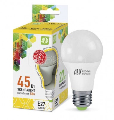 Лампа светодиодная LED-a60-standard 5вт грушевидная 3000к тепл. бел. e27 450лм 160-260в asd 4690612001654