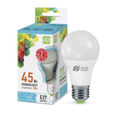 Лампа светодиодная LED-a60-standard 5вт грушевидная 4000к белый e27 450лм 160-260в asd 4690612001630