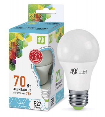 Лампа светодиодная LED-A60-standard 7Вт грушевидная 4000К нейтр. бел. E27 630лм 160-260В ASD 4690612001678