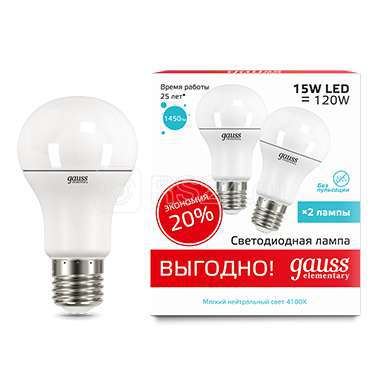 Лампа светодиодная LED elementary a60 15вт e27 4100к 2/50 промо (уп.2шт) gauss 23225p