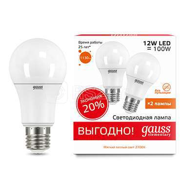 Лампа светодиодная LED elementary a60 12вт e27 2700к промо (уп.2шт) gauss 23212p