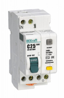 Выключатель автоматический дифференциального тока 2п (1P+N) C 6А 30мА тип AC 4.5кА ДИФ-102 2мод. DEKraft 16001DEK