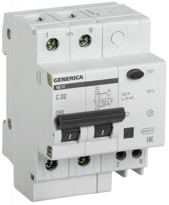 Выключатель автоматический дифференциального тока 2п 32А 30мА АД12 GENERICA MAD15-2-032-C-030