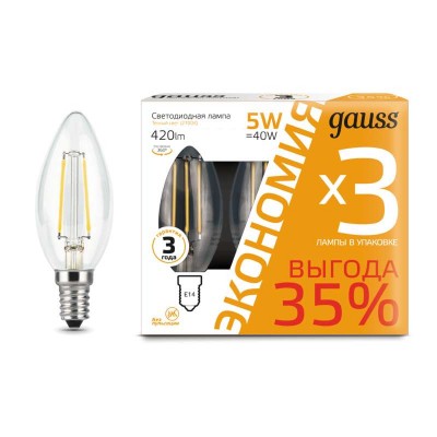 Лампа светодиодная filament свеча e14 5вт 2700к промо (уп.3шт) gauss 103801105t