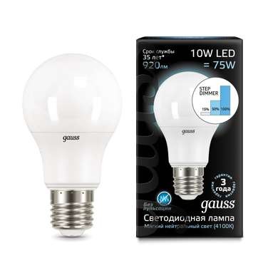 Лампа светодиодная LED a60 e27 10вт 4100к step dimmable (диммир.) gauss 102502210-s