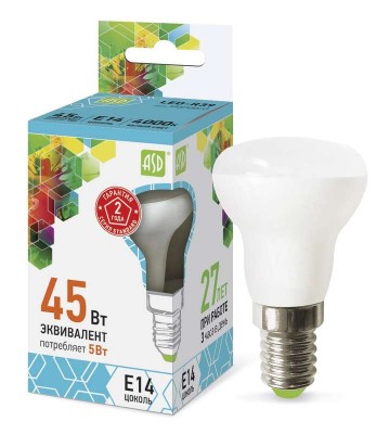 Лампа светодиодная LED-R39-standard 5Вт 4000К бел. E14 450лм 160-260В ASD 4690612006703