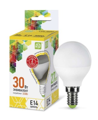 Лампа светодиодная LED-шар-standard 3.5Вт шар 3000К тепл. бел. E14 320лм 160-260В ASD 4690612000367