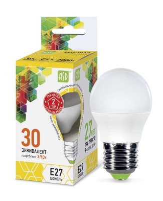 Лампа светодиодная LED-шар-standard 3.5Вт шар 3000К тепл. бел. E27 320лм 160-260В ASD 4690612000374