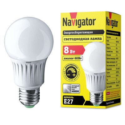 Лампа светодиодная 61 384 NLL-A60-8-230-4K-E27-DIMM Navigator 20503