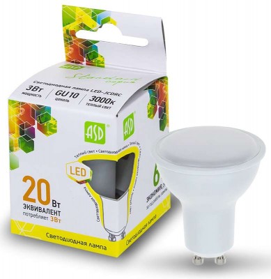 Лампа светодиодная LED-JCDRC-standard 3Вт 3000К тепл. бел. GU10 270лм 160-260В ASD 4690612004815