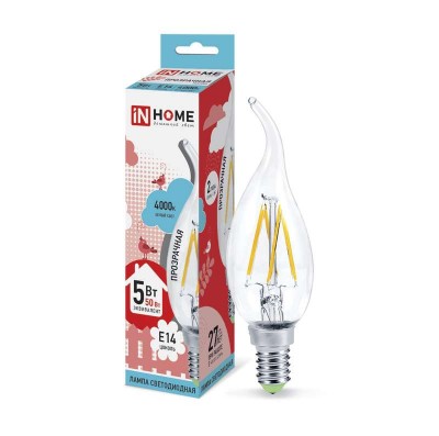 Лампа светодиодная филаментная LED-свеча на ветру-deco 5Вт 4000К E14 450лм 230В прозр. IN HOME 4690612007632