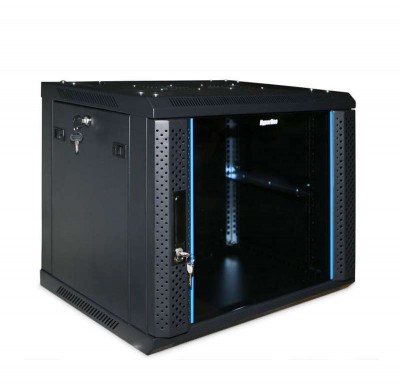 Шкаф TWFS-0445-GP-RAL9004 настен. 19-дюйм. 4U (278х600х450мм) стеклян. дверь с перфор. по бокам ручка с замком черн. (RA