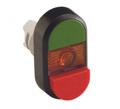 Кнопка двойная MPD13-11R (зел./красн. выступающая) красн. выступающая линза с текстом 