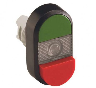 Кнопка двойная MPD13-11С (зел./красн. выступающая) прозрачная линза с текстом 
