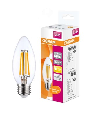 Лампа светодиодная филаментная LED STAR CLASSIC B 60 5W/827 5Вт свеча 2700К тепл. бел. E27 600лм 220-240В прозр. стекло OSRAM 4058075212398