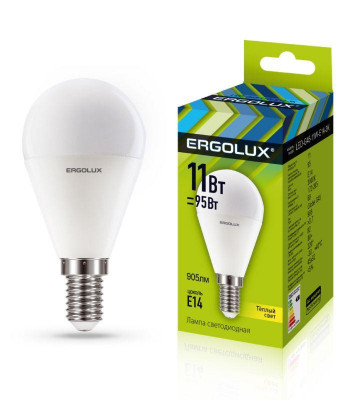 Лампа светодиодная LED-G45-11W-E14-3K Шар 11Вт E14 3000К 172-265В Ergolux 13627