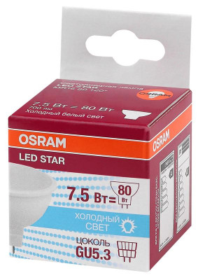 Лампа светодиодная LED Star MR16 7.5W/840 7.5Вт 4000К нейтр. бел. GU5.3 700лм 220-240В 110град. пластик. (замена 75Вт) OSRAM 4058075229099