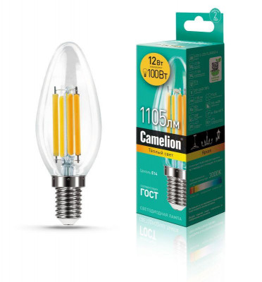 Лампа светодиодная филаментная LED12-C35-FL/830/E14 12Вт 220В Camelion 13708