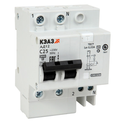 Выключатель автоматический дифференциального тока 2п C 25А 30мА тип AC 4.5кА АД12-22 УХЛ4 КЭАЗ 141587
