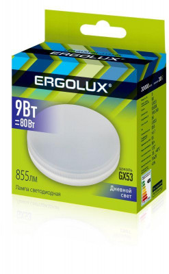 Лампа светодиодная LED-GX53-9W-GX53-6K 9Вт GX53 6500К 180-240В Ergolux 14309