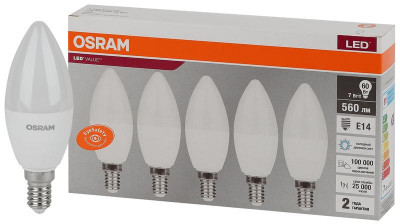 Лампа светодиодная LED Value LVCLB60 7SW/865 7Вт свеча матовая E14 230В 2х5 RU (уп.5шт) OSRAM 4058075577985