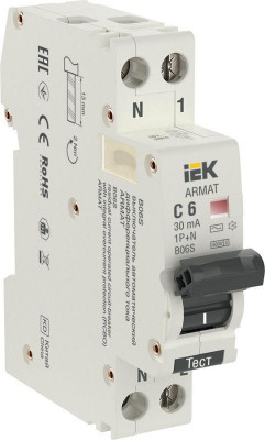 Выключатель автоматический дифференциального тока 2п (1P+N) C 6А 30мА тип AC АВДТ B06S 18мм ARMAT IEK AR-B06S-1N-C06C030