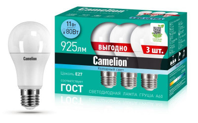 Лампа светодиодная LED11-A60-3/845/E27 11Вт 220В ПРОМО (уп.3шт) Camelion 14711